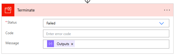 The terminate action used to show the workflow failed.