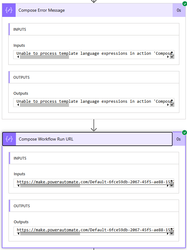 A screenshot of the error message and workflow URL that is generated after the workflow failed.