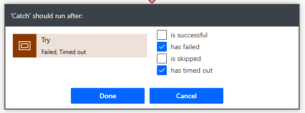 Configure the Catch Scope to run after the Try scope fails or times out